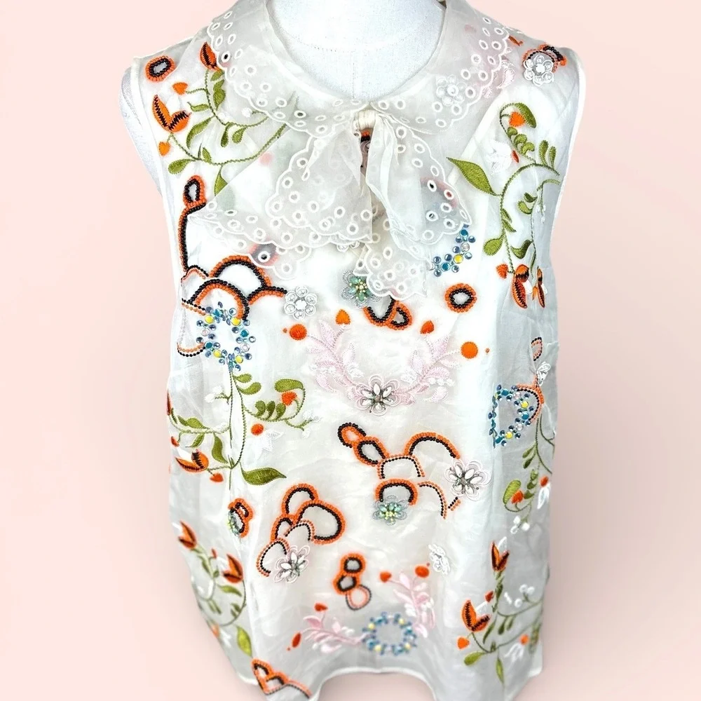 Tory Burch SZ 12 Floral‎ Embroidered Beaded Silk Top Lace Peter Pan Collar Ivory